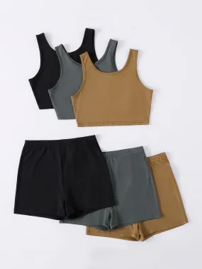 3 Sets Comfortable Crop Tank Elastic Waist Shorts Set