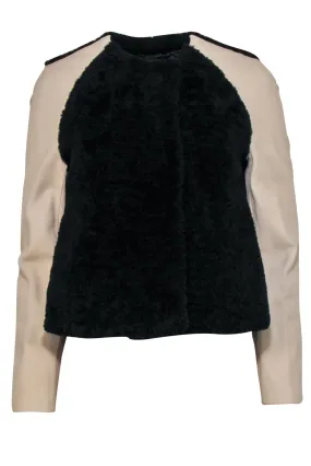 3.1 Phillip Lim - Black Shearling w/ Beige Leather Sleeves Jacket Sz 2