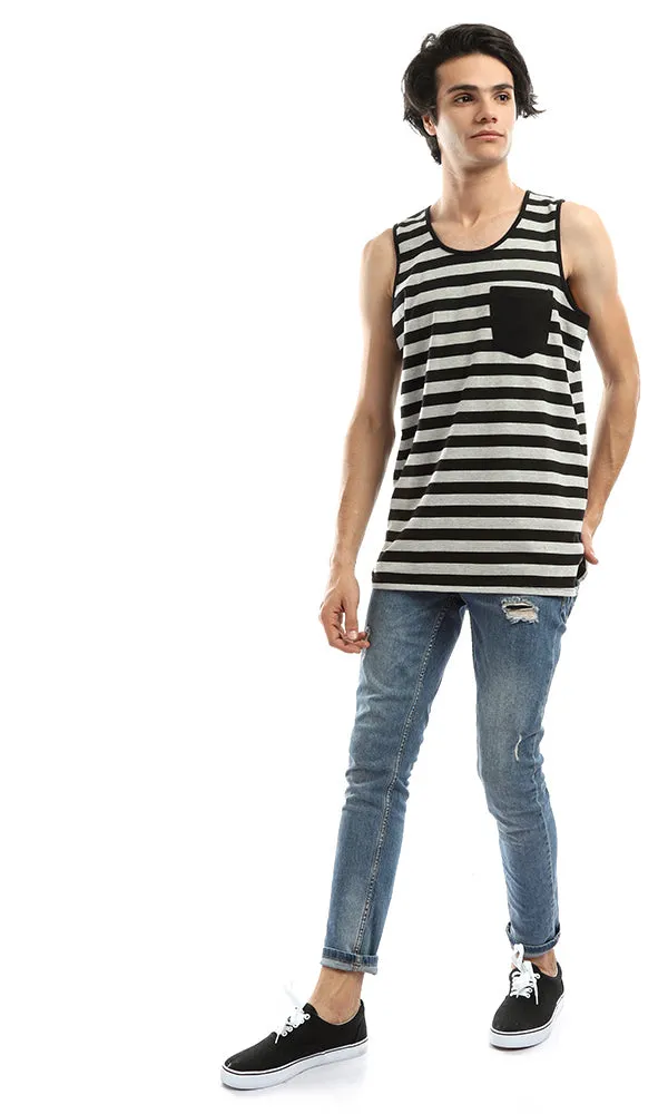 48234 Striped Sleeveless Comfortable Tee - Grey & Black