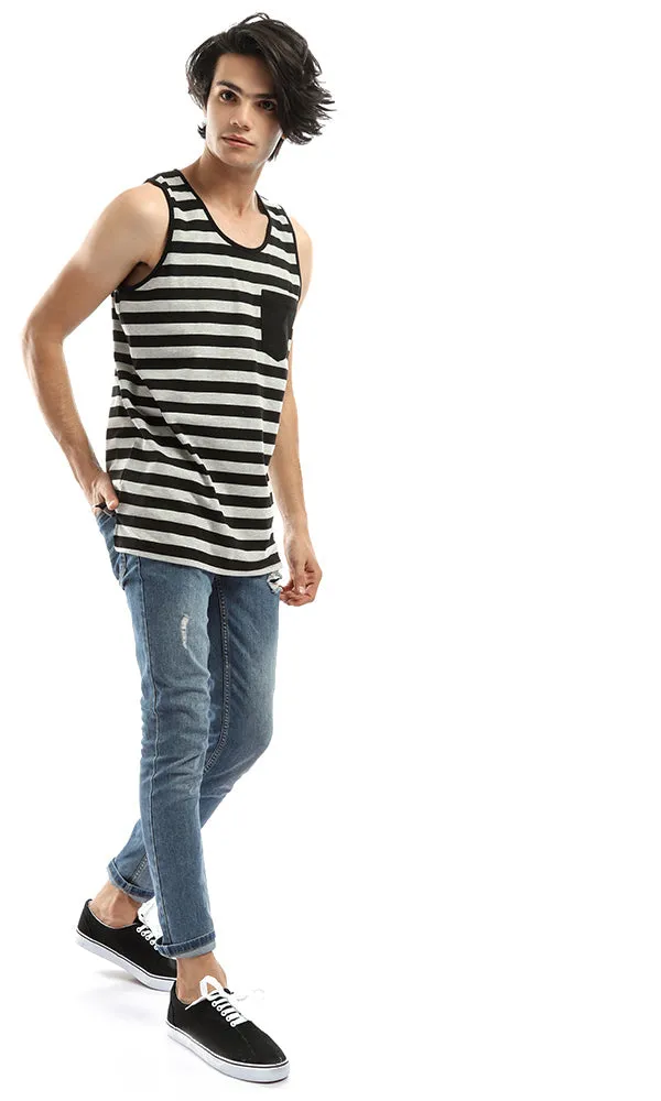 48234 Striped Sleeveless Comfortable Tee - Grey & Black