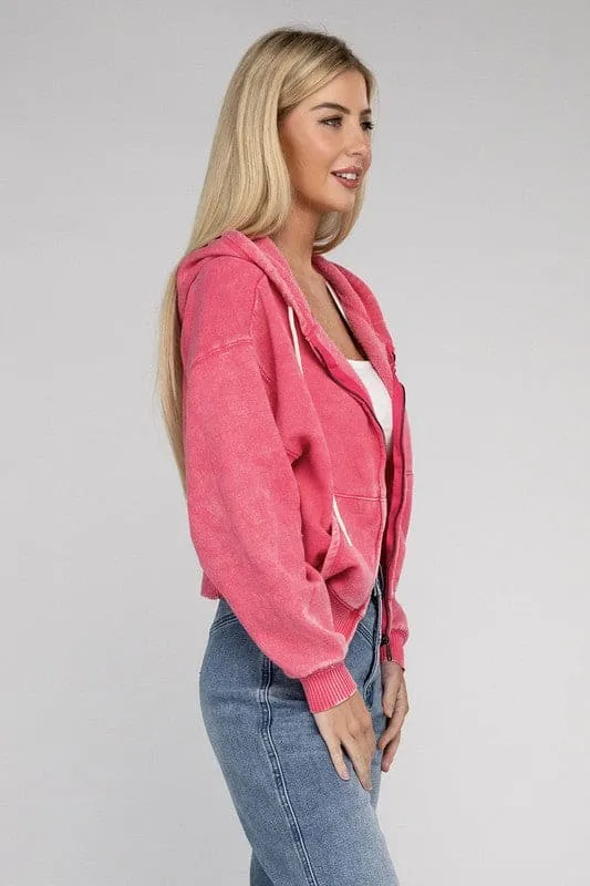 Acid Wash Fleece Zip-Up Hoodie