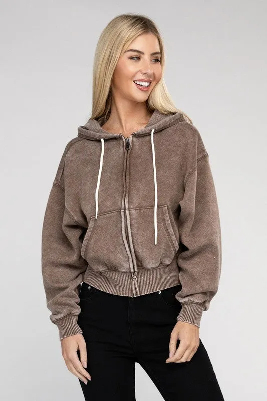 Acid Wash Fleece Zip-Up Hoodie