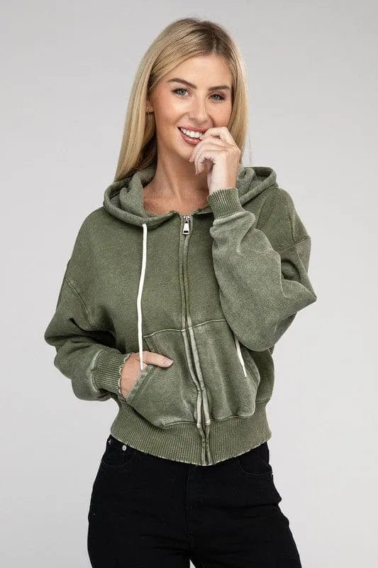 Acid Wash Fleece Zip-Up Hoodie