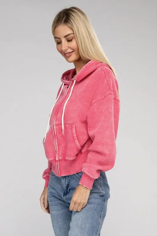 Acid Wash Fleece Zip-Up Hoodie