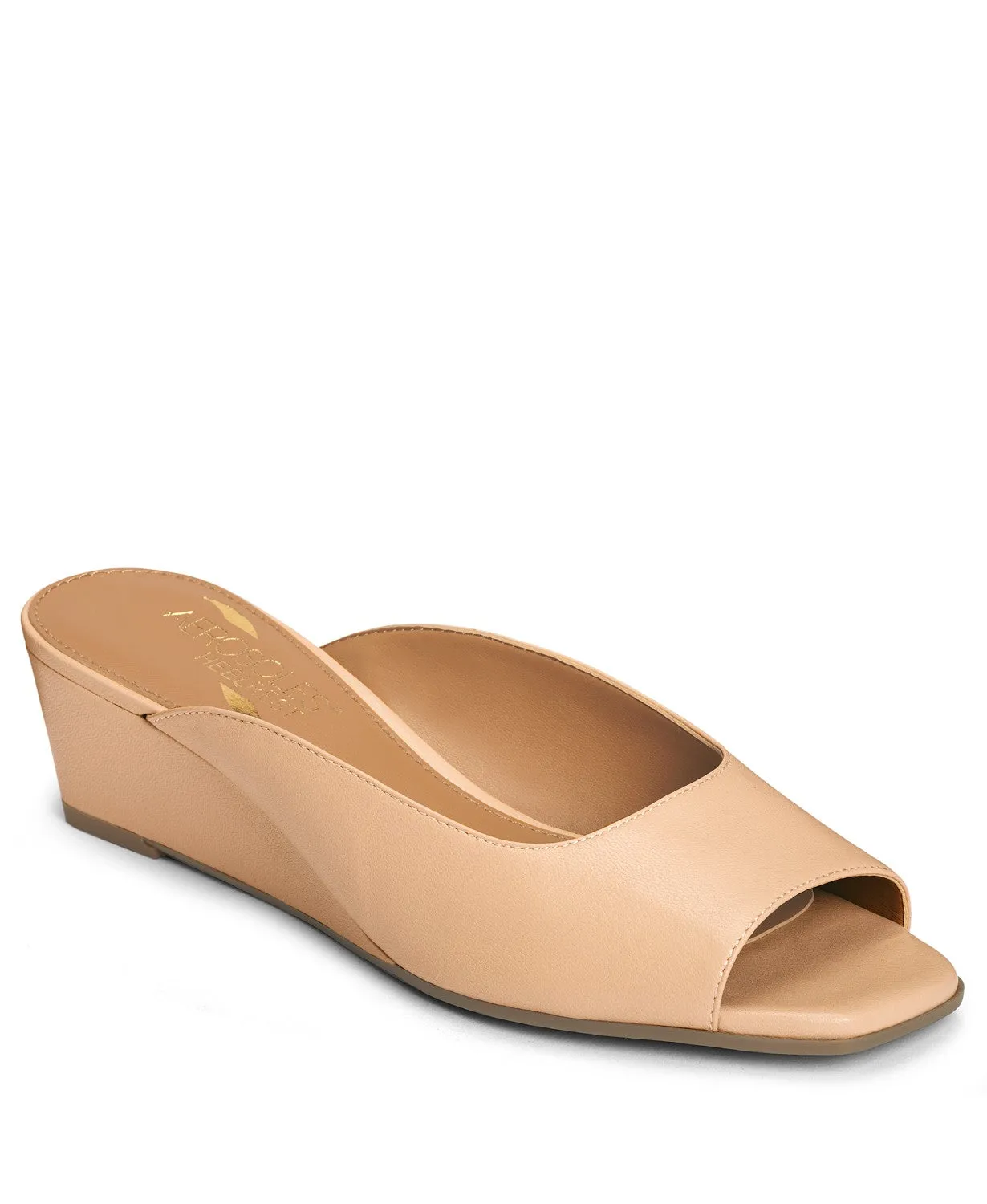 Aerosoles Lt Tan Slip On Peep-Toe Open Back Covered Comfortable Low Wedge Sandal