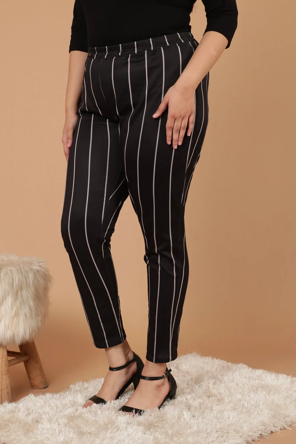 Black White Striped Warm Winter Fleece Leggings