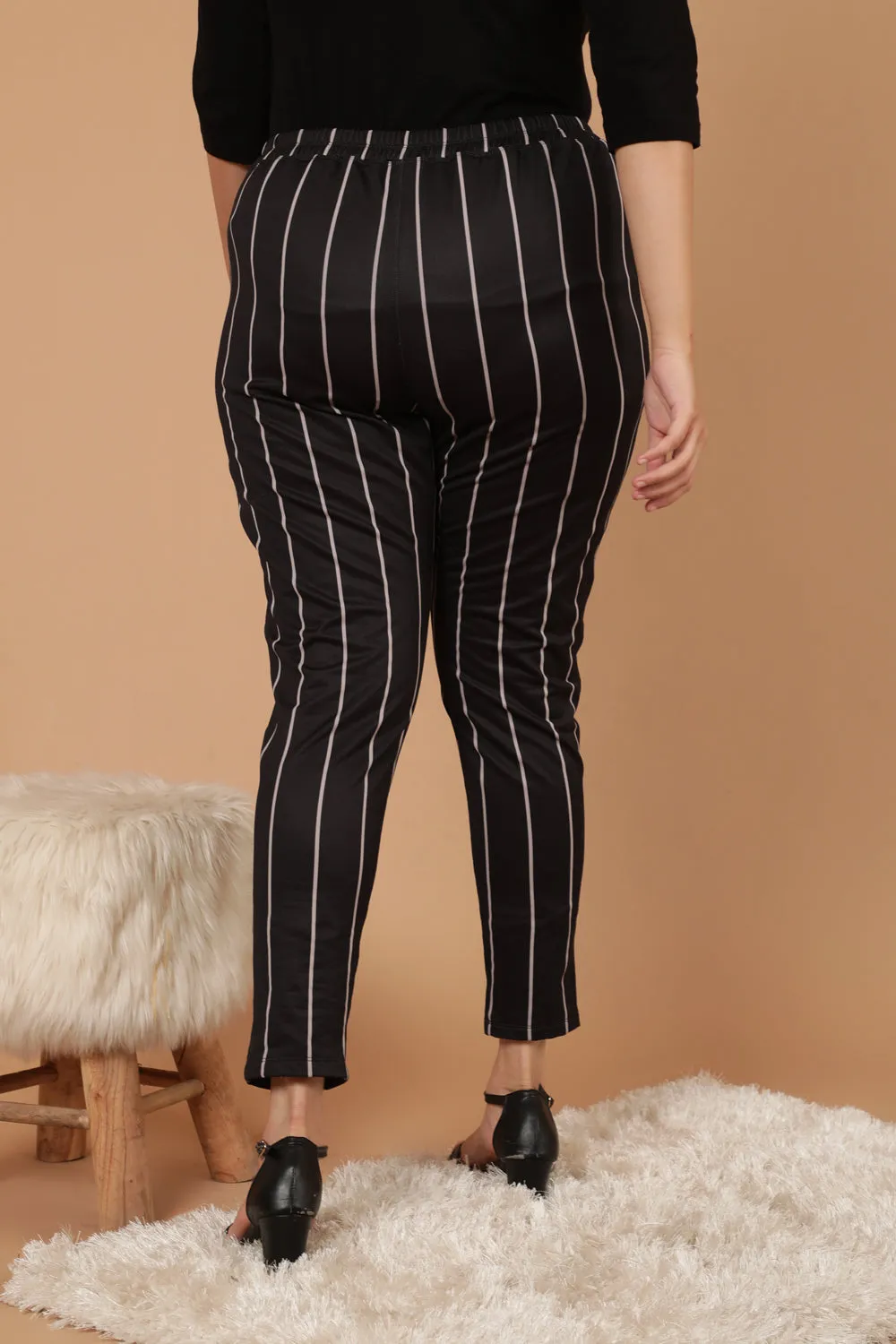 Black White Striped Warm Winter Fleece Leggings