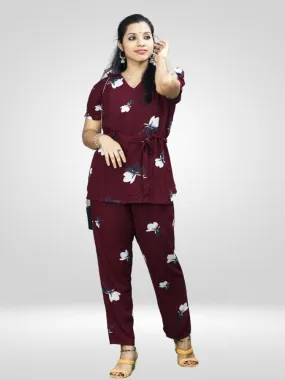 Casual Dark Maroon Printed Co-ord Set for Women's in Comfortable Rayon