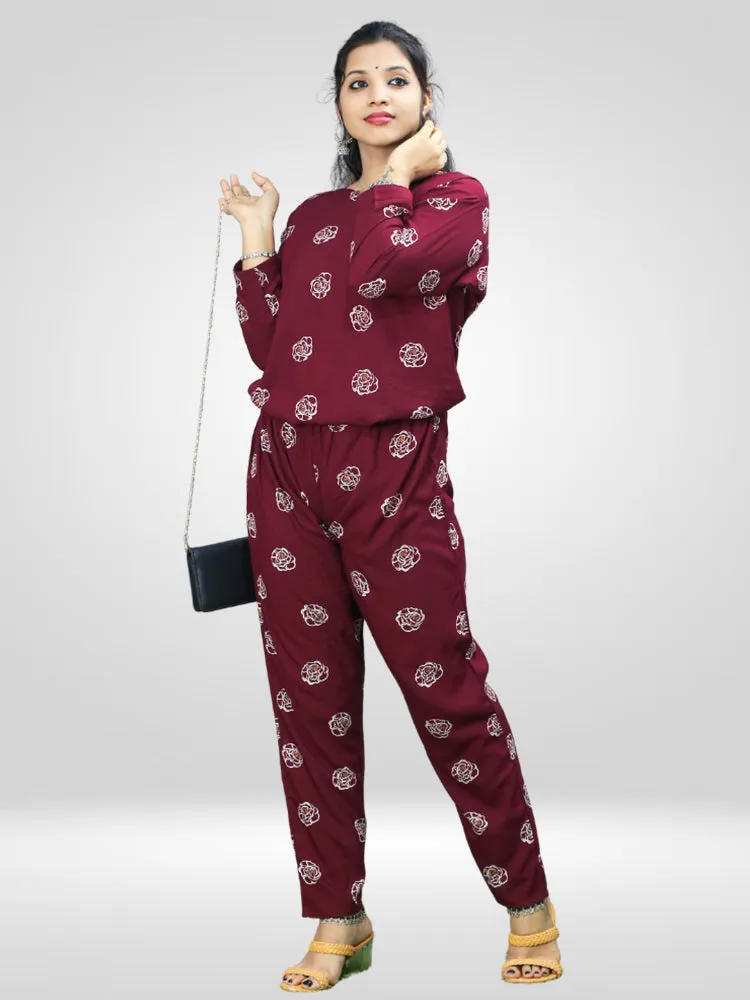 Casual Maroon Printed Co-ord Set for Women's in Comfortable Rayon