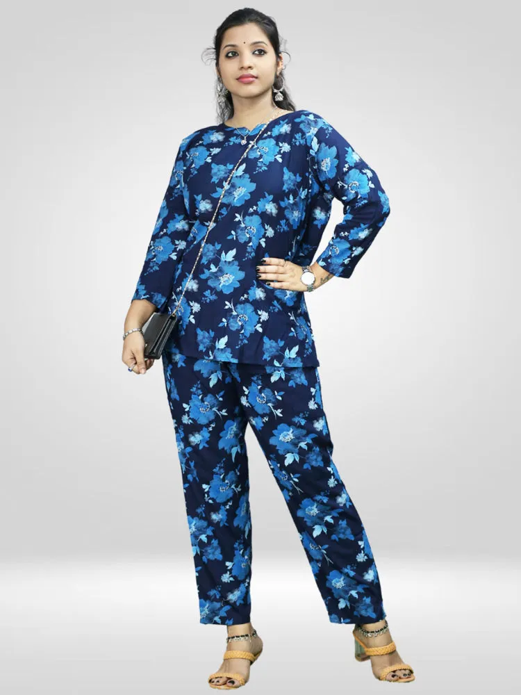 Casual Navy Blue Printed Co-ord Set for Women's in Comfortable Rayon