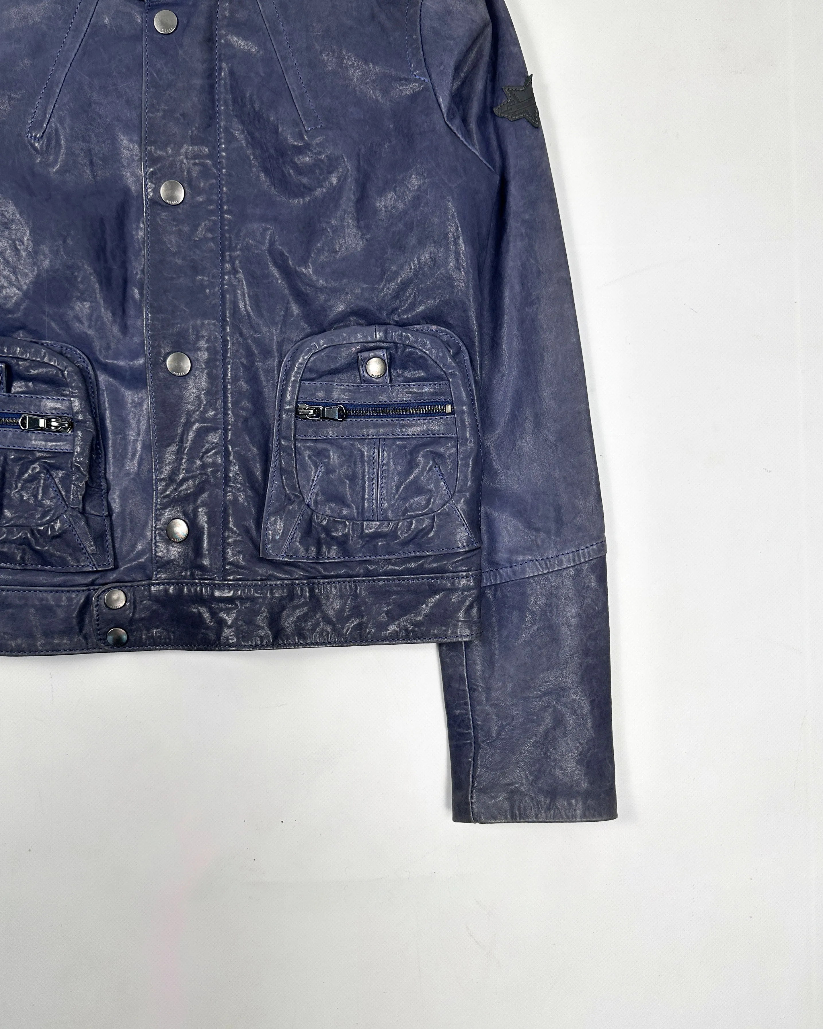 Diesel Dark Blue Cropped Leather Jacket 2000's