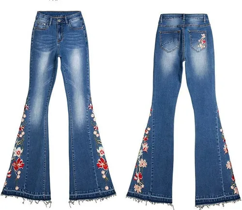 Embroidery Woman Skinny Flare Pants Denim Jeans