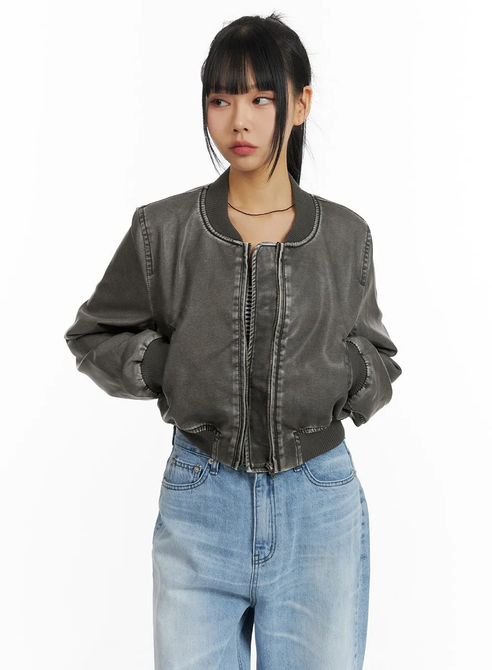 Faux Leather Stand Collar Vintage Jacket CM407