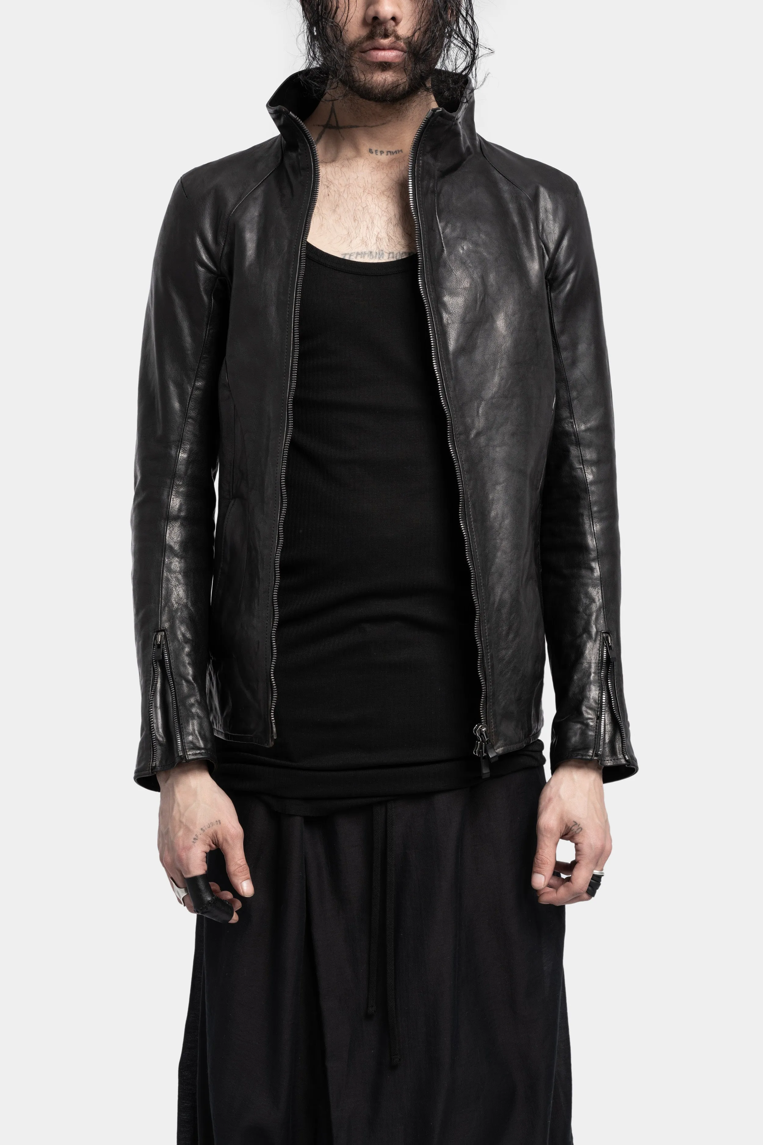 High neck asymmetrical zip leather jacket