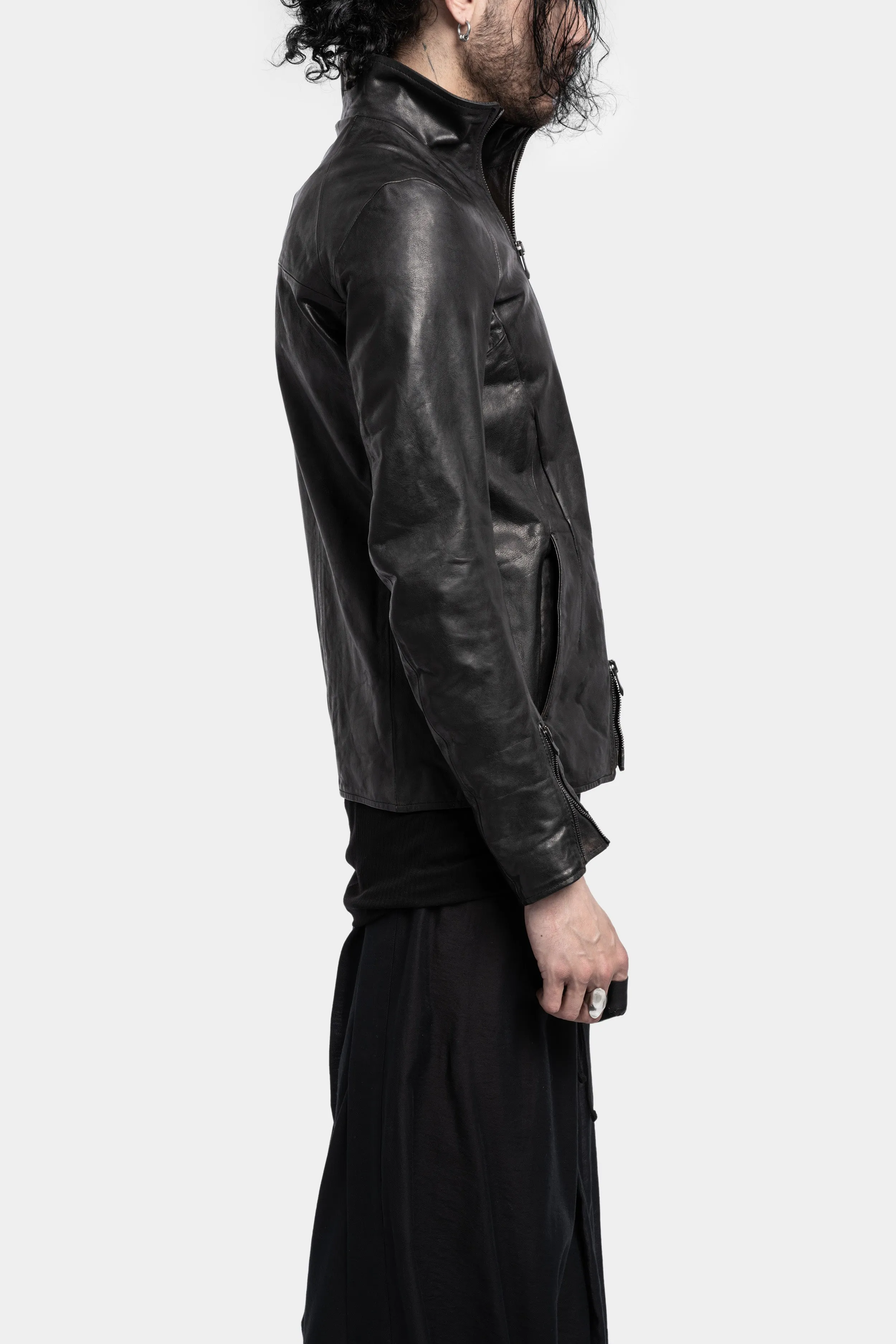 High neck asymmetrical zip leather jacket