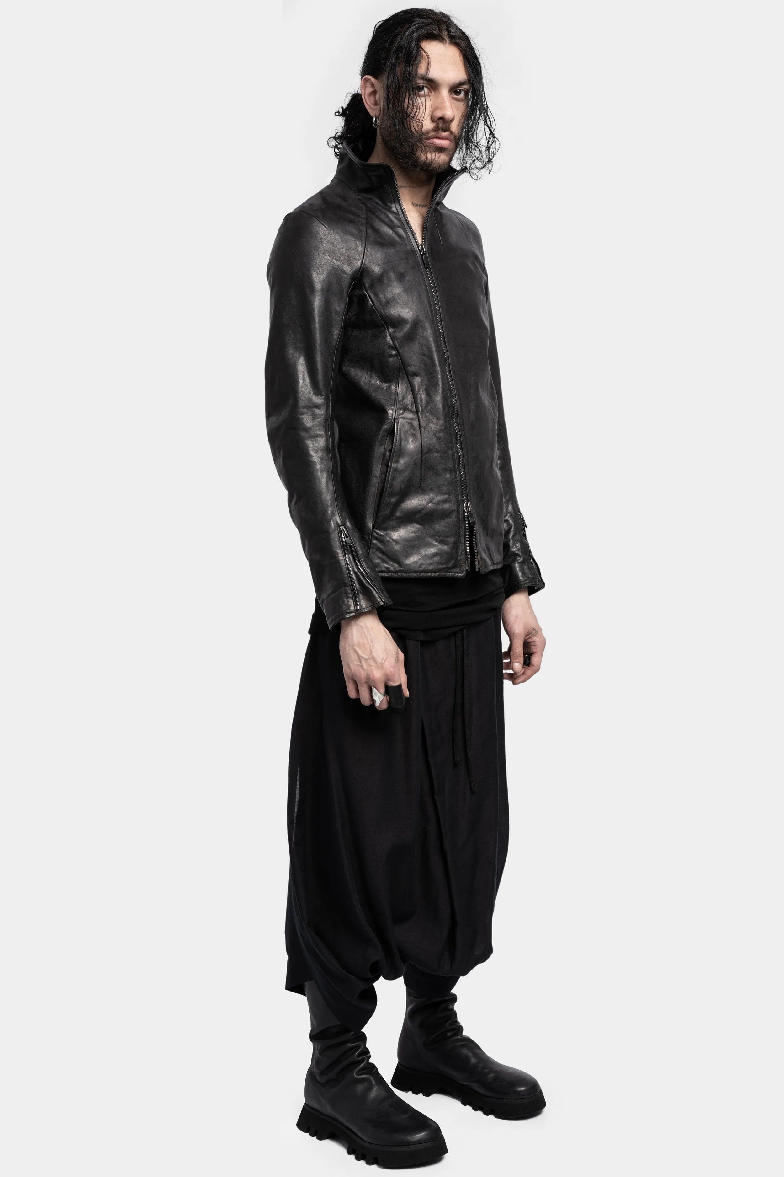 High neck asymmetrical zip leather jacket