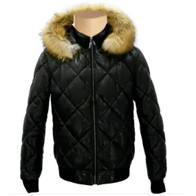 Joel quilted puffer winter leather jacket with diamond stitching and fur hoodie