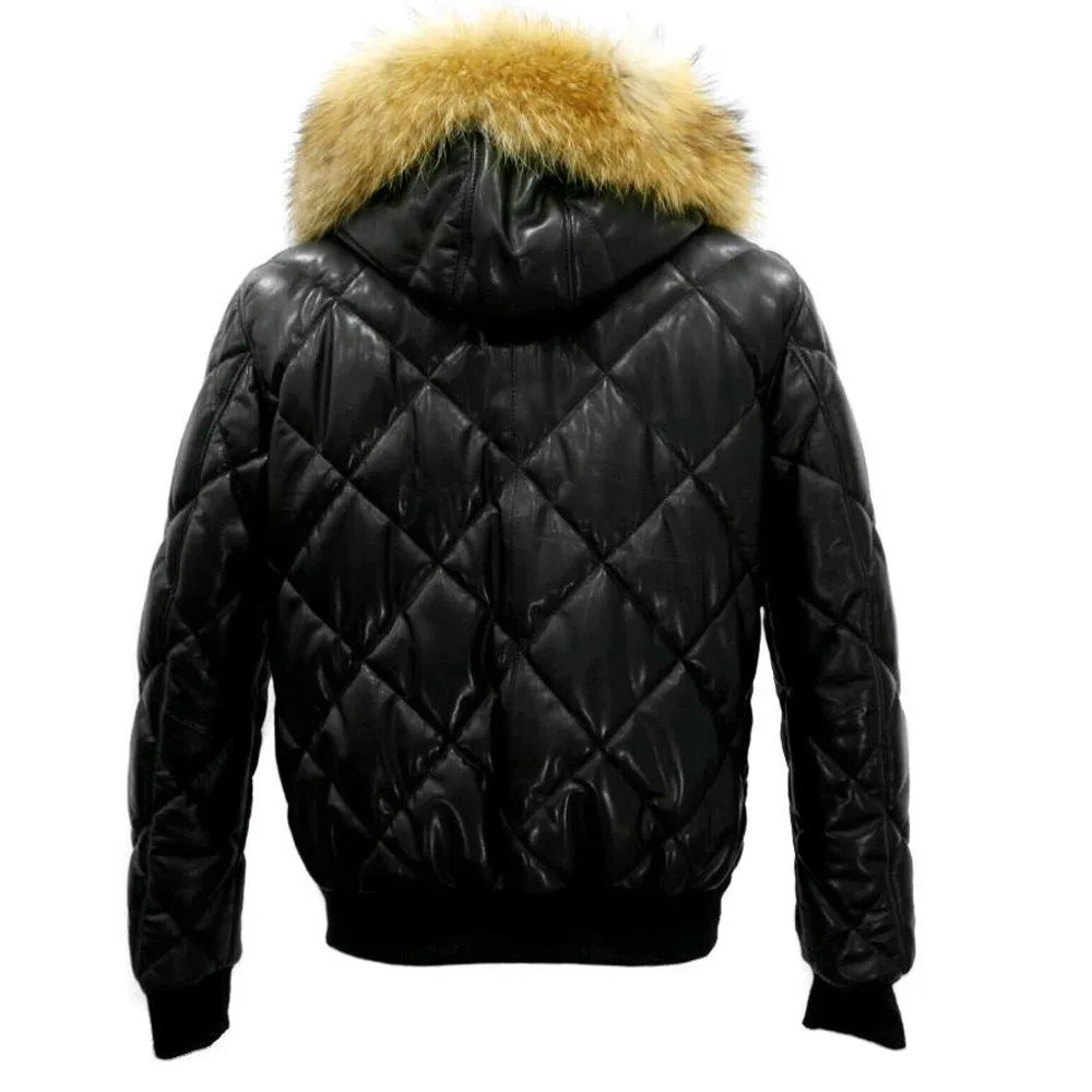 Joel quilted puffer winter leather jacket with diamond stitching and fur hoodie