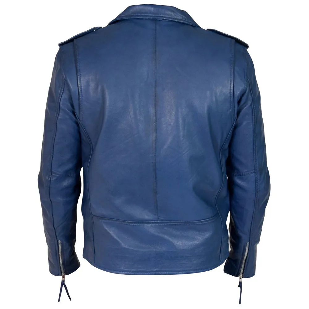 Kain Blue classic biker style leather jacket with belt