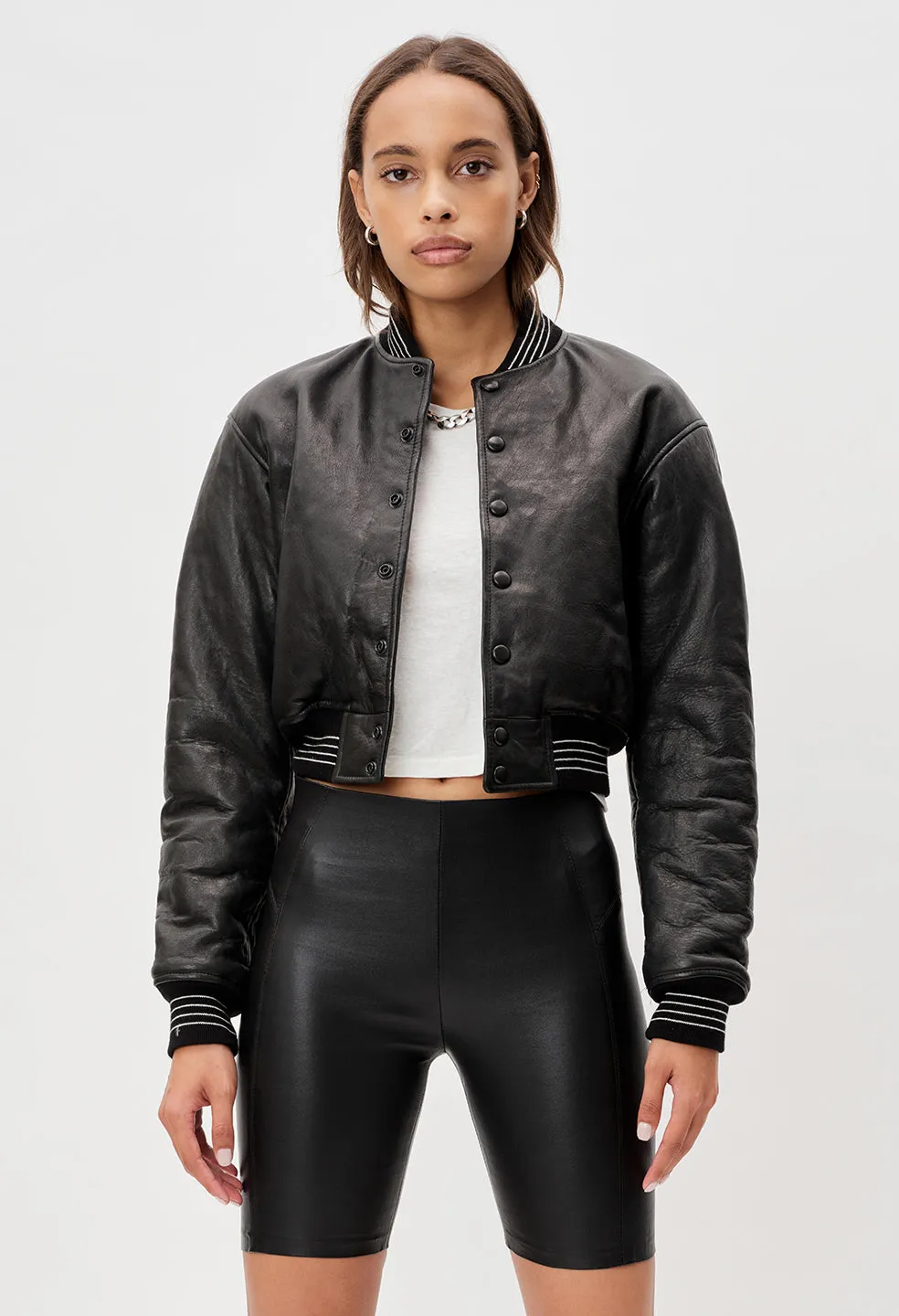 Leather Cropped Stadium Jacket / Black