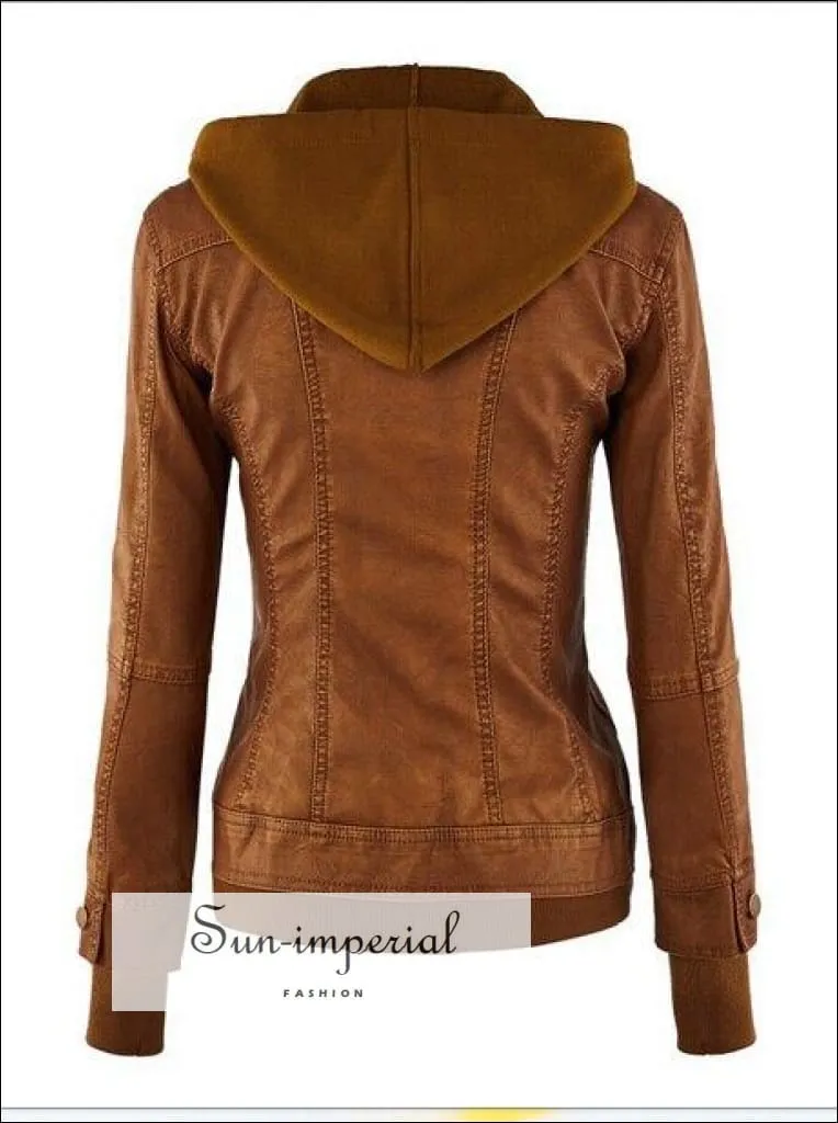 Long Sleeve Faux Leather Two-piece Women's Leather Jacket Pocket 4 Colors Xs-xl