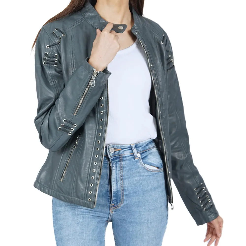 March Blue Biker Leather Jacket