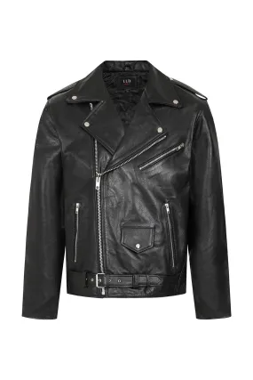 Men's Genuine Black Classic Leather Biker Jacket - 'FONZY'