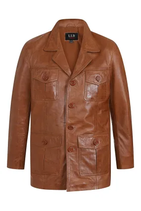 Men's Genuine Tan Leather Classic Button Front Jacket - 'STEVE' - 4350