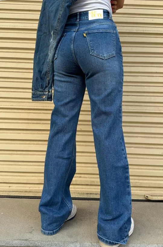 Mid Blue Overcast Wash High Waist Wide Leg Jeans