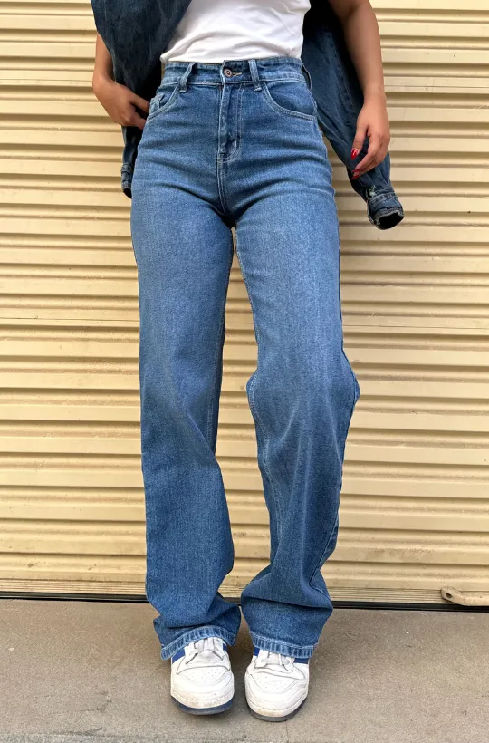 Mid Blue Overcast Wash High Waist Wide Leg Jeans