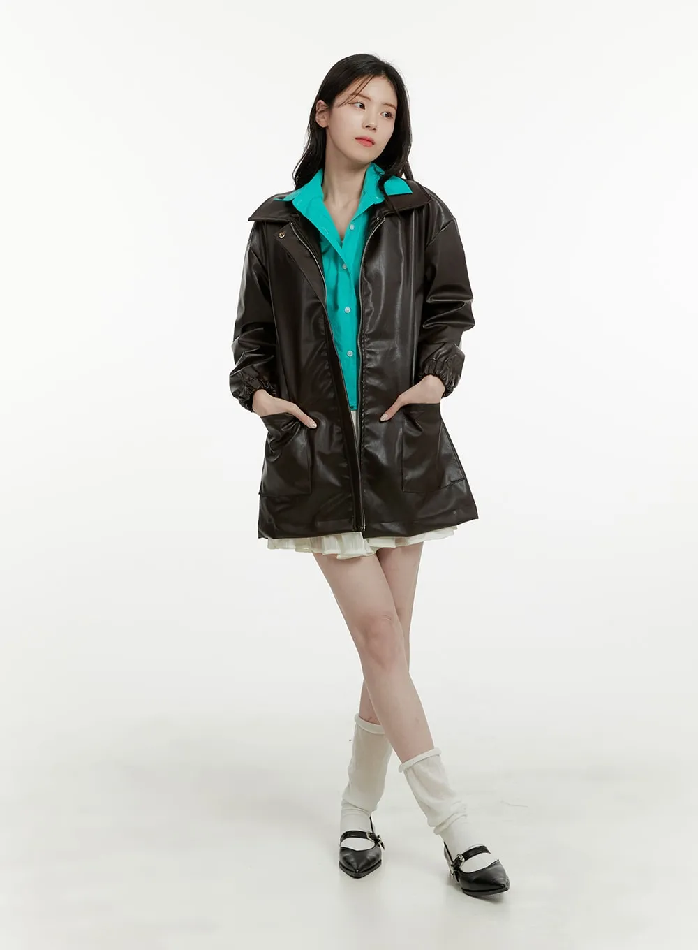 Midi Zip-Up Faux Leather Jacket OA405