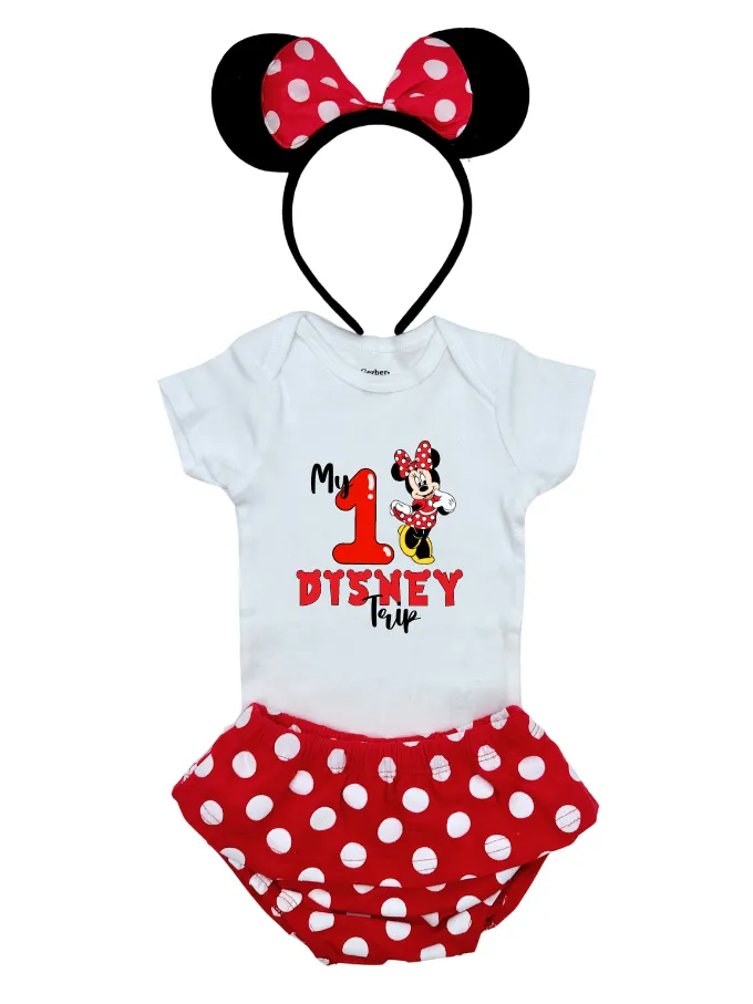 My First disney trip, soft and comfortable baby girl outfit, skirt and bodysuit Minnie Mouse baby Polka dot diaper/skirt