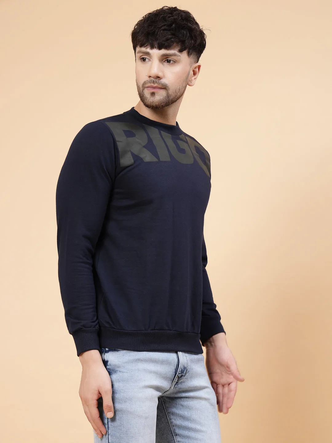 Navy Printed Round Neck Fleece Sweatshirt