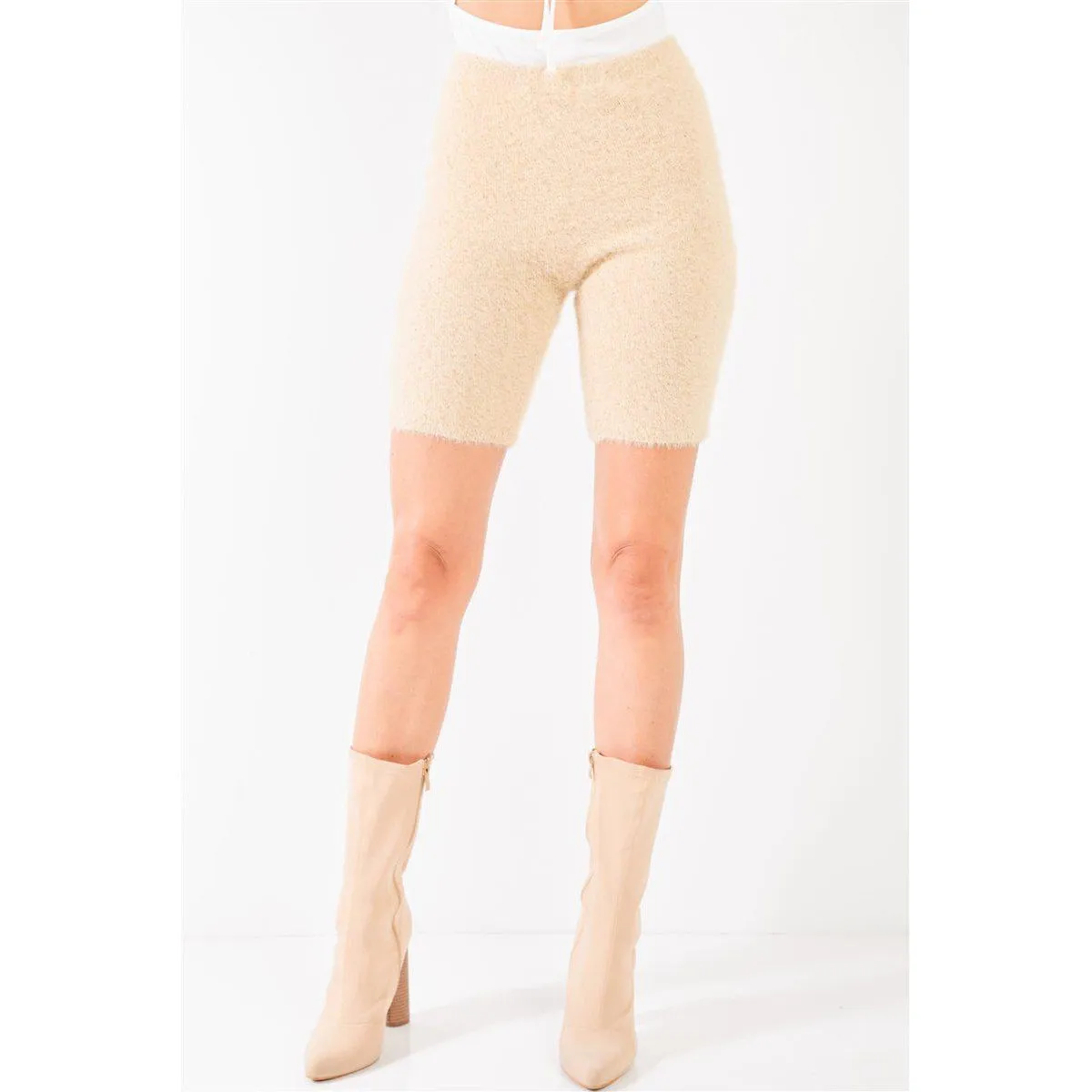 Oatmeal Beige Knit High Waist Stretchy Warm Fuzzy Biker Shorts