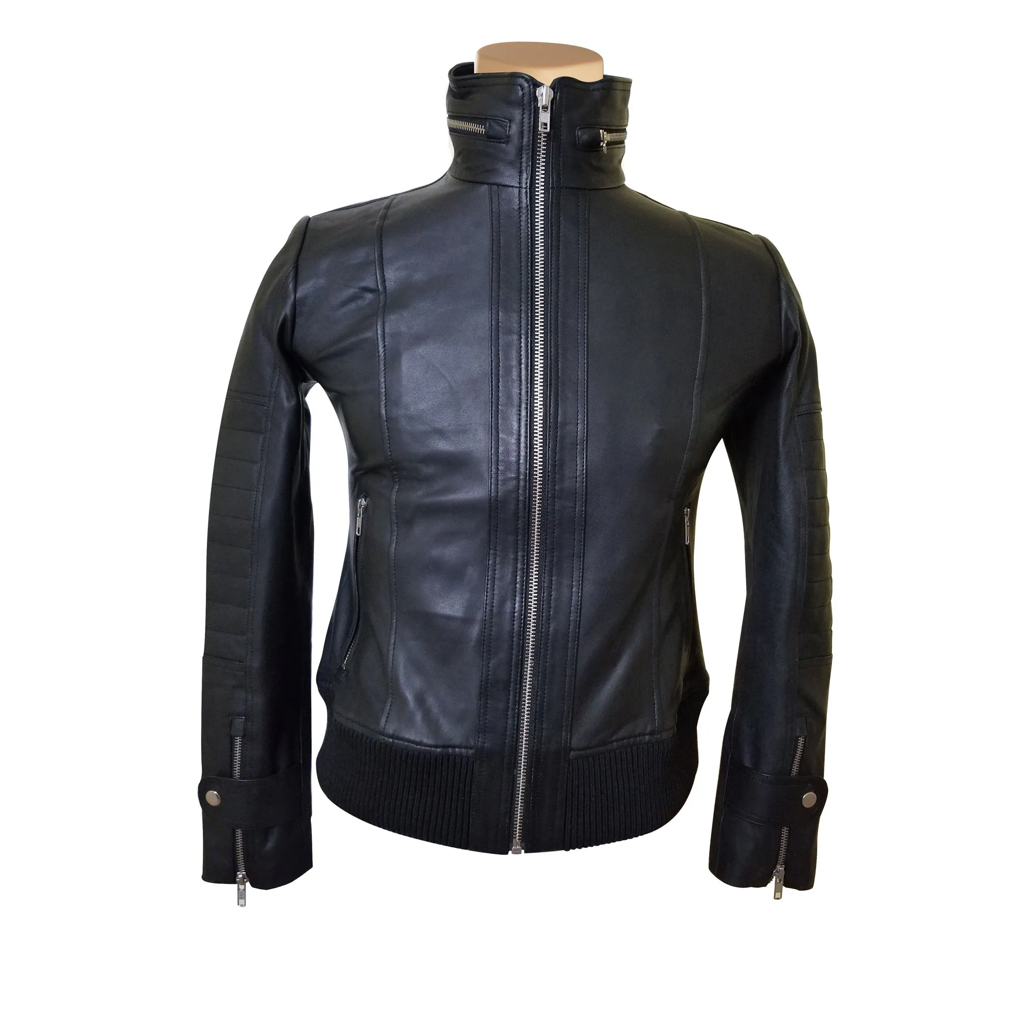 Olof's black leather jacket with straight collar