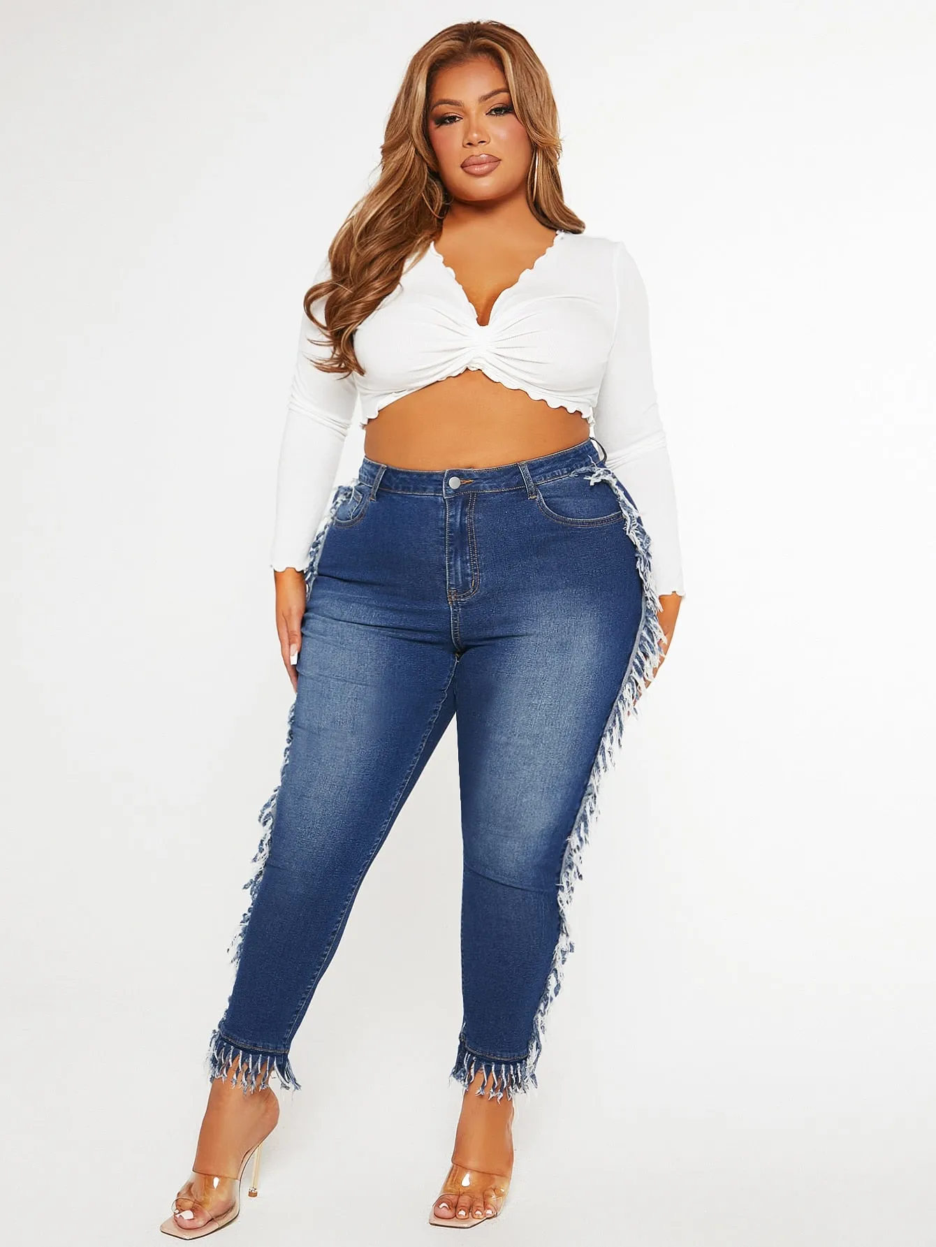 Plus High Waist Fringe Trim Skinny Jeans