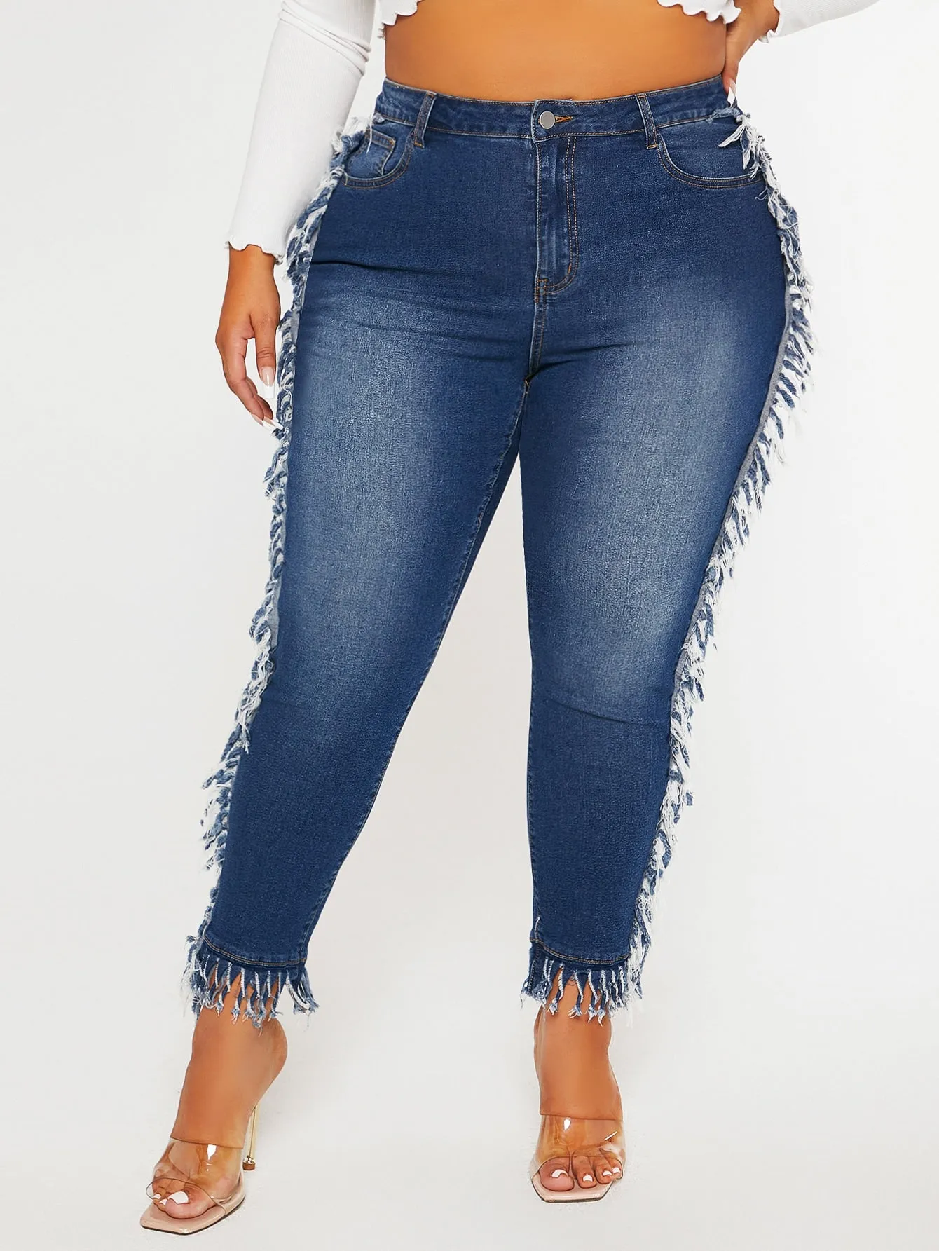 Plus High Waist Fringe Trim Skinny Jeans