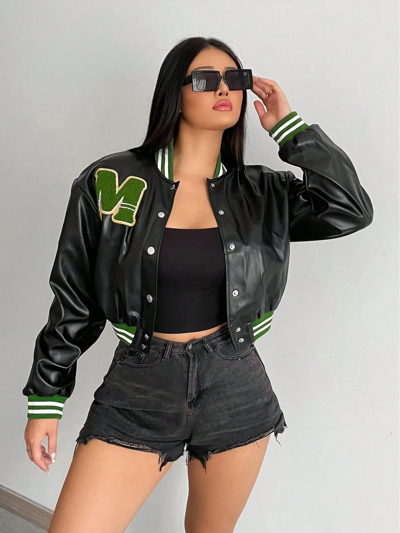 PU Leather Crop Varsity Jacket