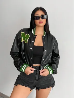 PU Leather Crop Varsity Jacket