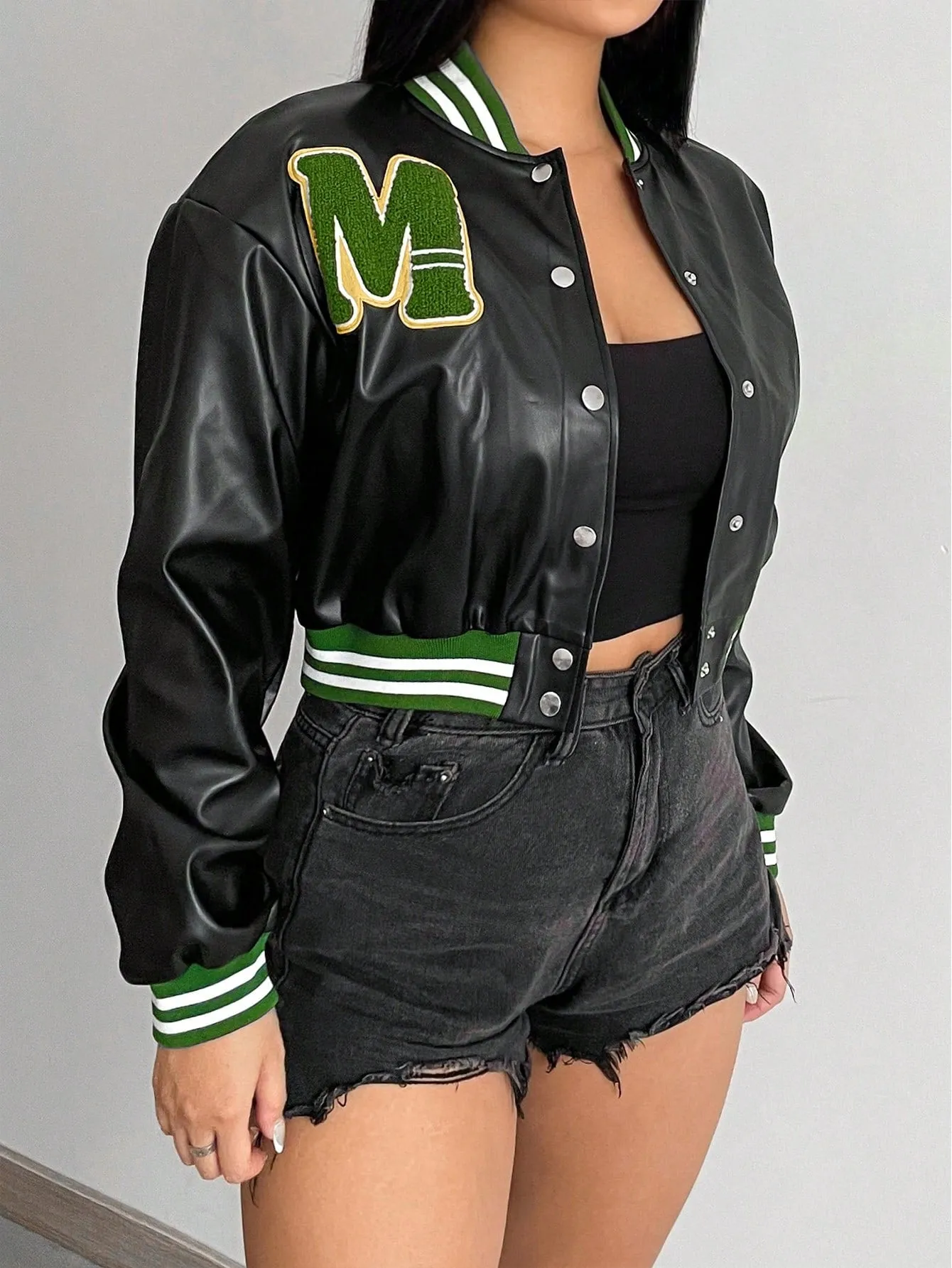 PU Leather Crop Varsity Jacket