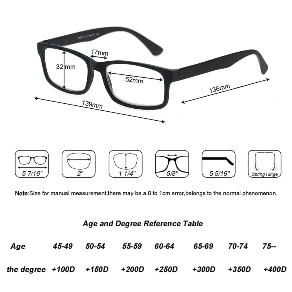 Reading Glasses for Men Women Rubber Ultra Light Hyperopia Square Frame Spring Hinge Comfortable with Diopter (Black/Red/Blue)