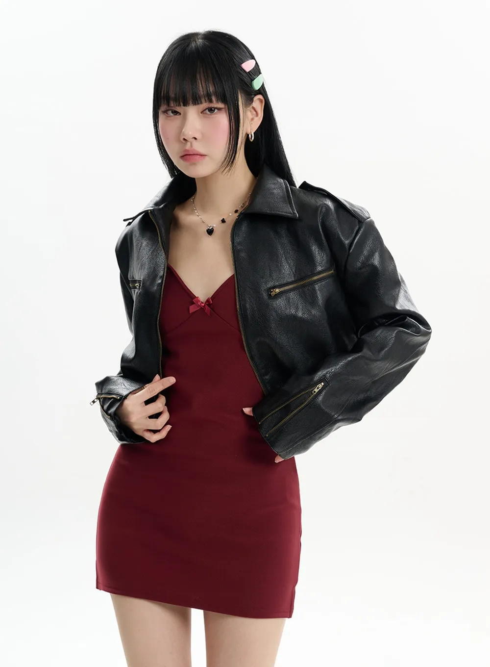 Solid Leather Cropped Jacket IF413