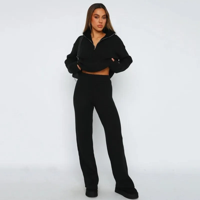 Spring and Autumn Hot selling New Product Two piece Set, Casual and Comfortable Collar Long sleeved Straight leg Pants Knitted S