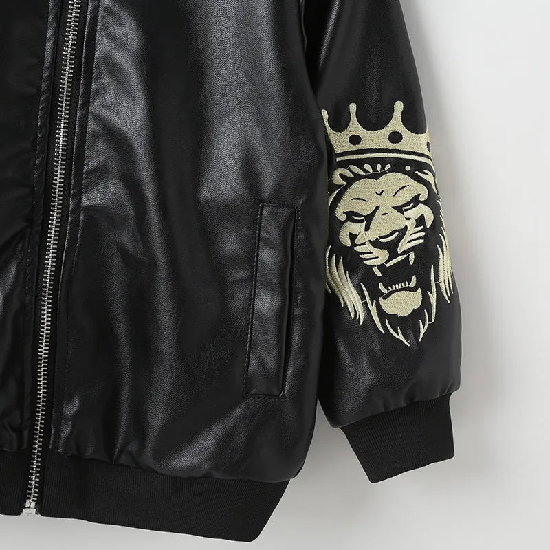 Toddler Kids Boys Solid Color Lion Print PU Leather Jacket Jacket