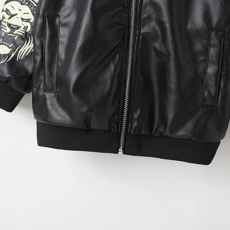 Toddler Kids Boys Solid Color Lion Print PU Leather Jacket Jacket