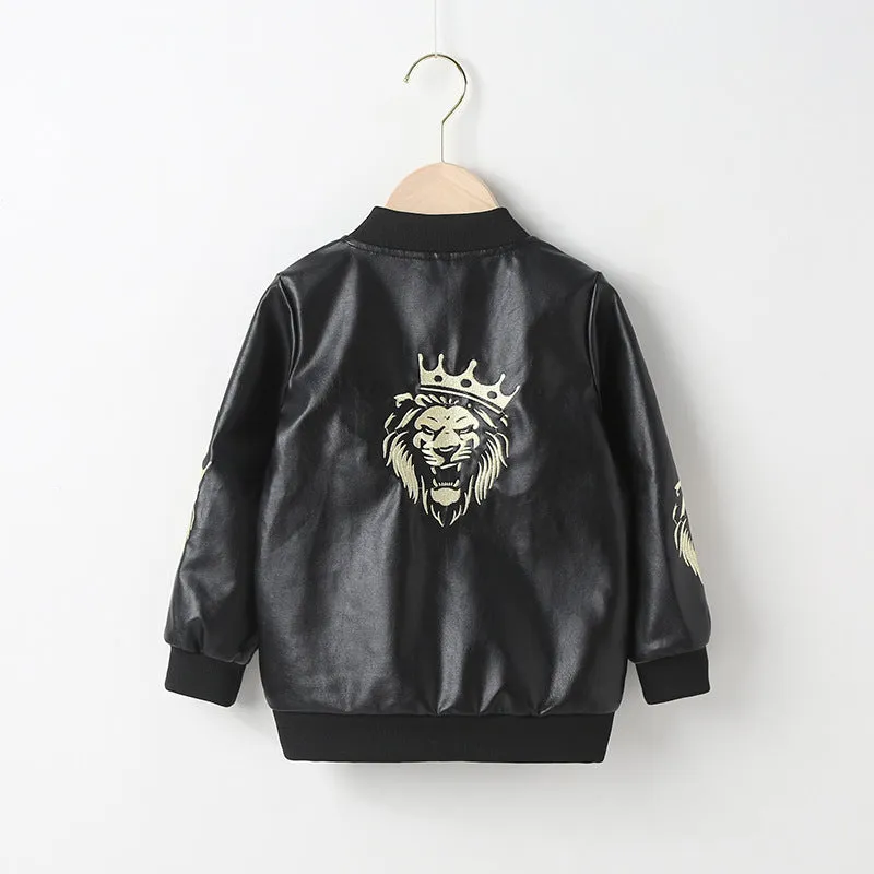 Toddler Kids Boys Solid Color Lion Print PU Leather Jacket Jacket