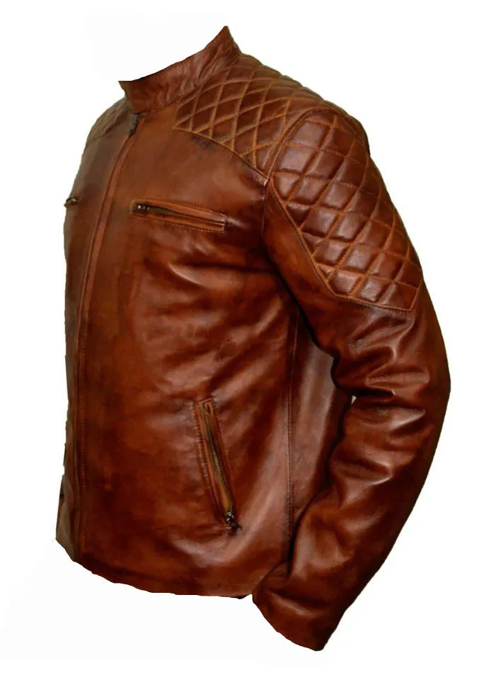 Vintage Tan cafe racer leather jacket with quilted patches