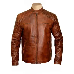 Vintage Tan cafe racer leather jacket with quilted patches