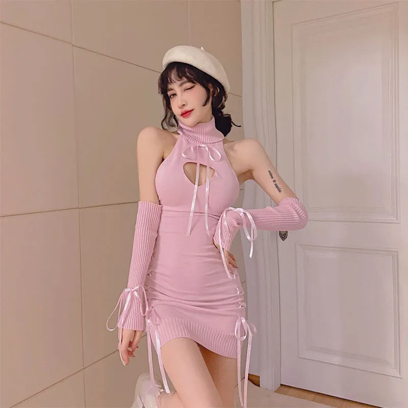 Virgin Killer Sweater Backless Ribbons Sweater Dress