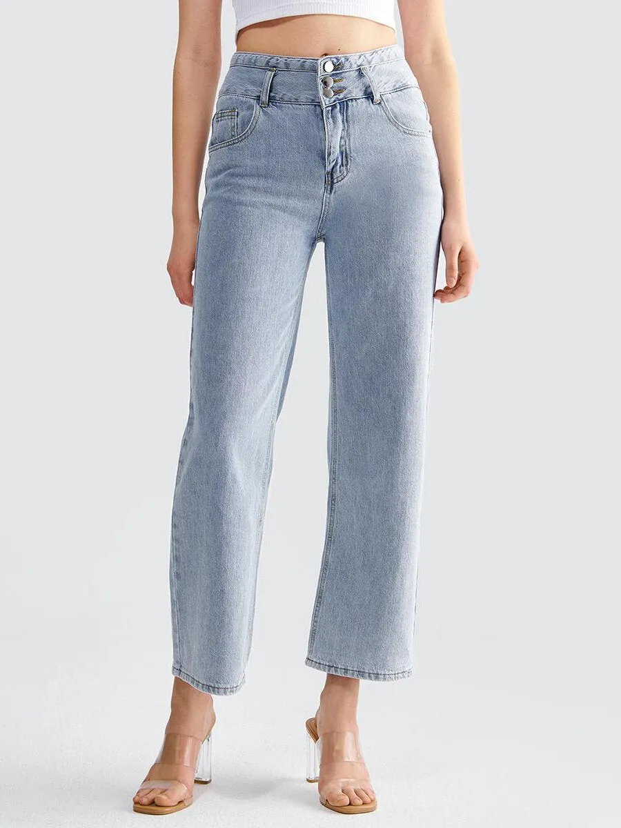 Washed Button Pocket Straight Leg Jeans